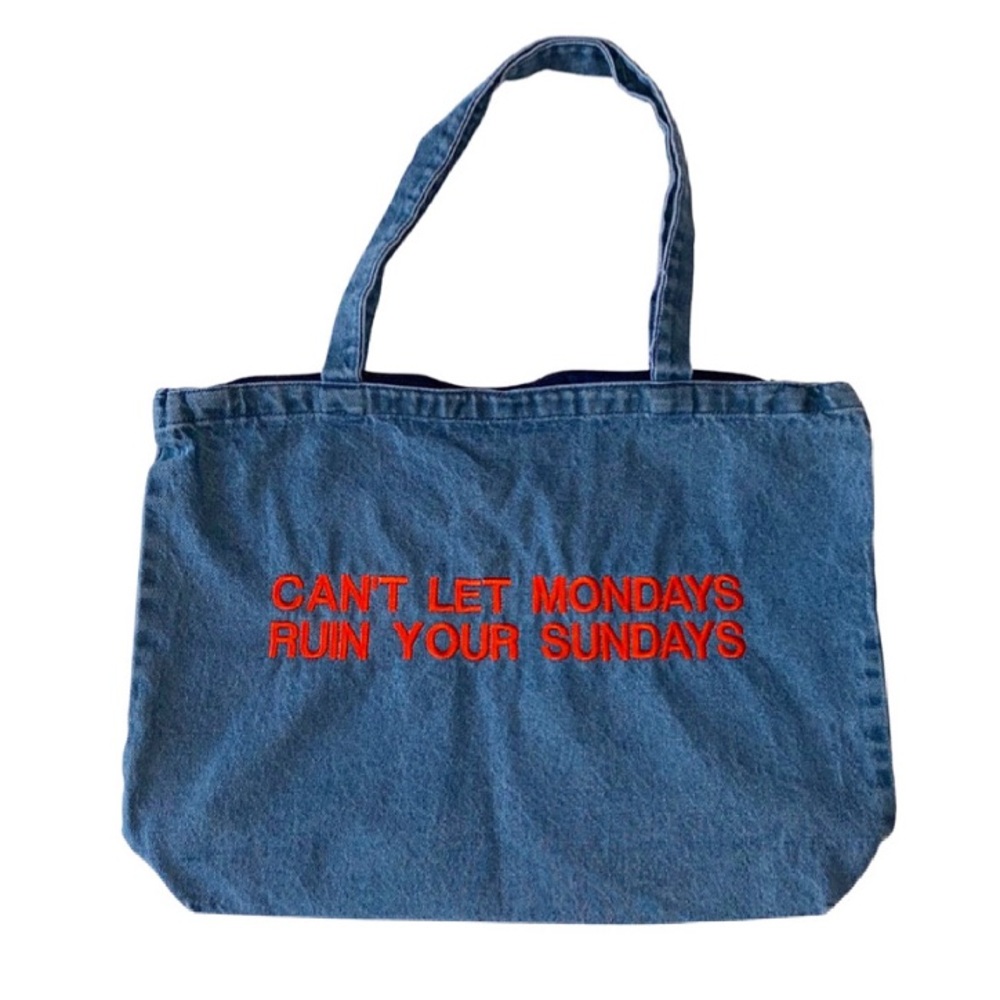 Denim tote bag with red embroidery